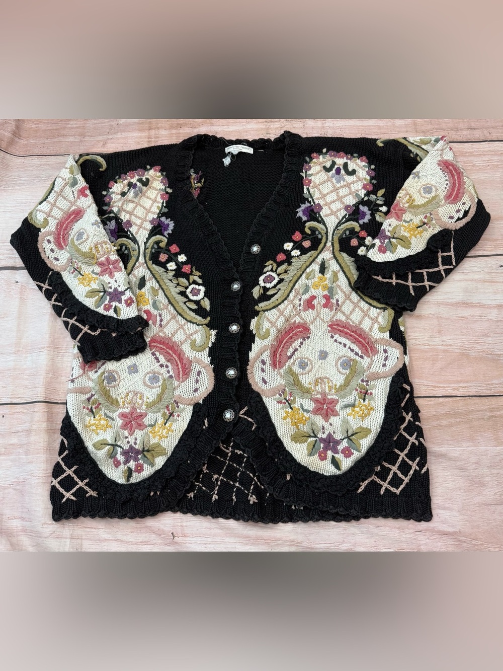 Vintage Jennifer Reed Cardigan Hand Knit Sweater 3D Floral Cottagecore 2xl